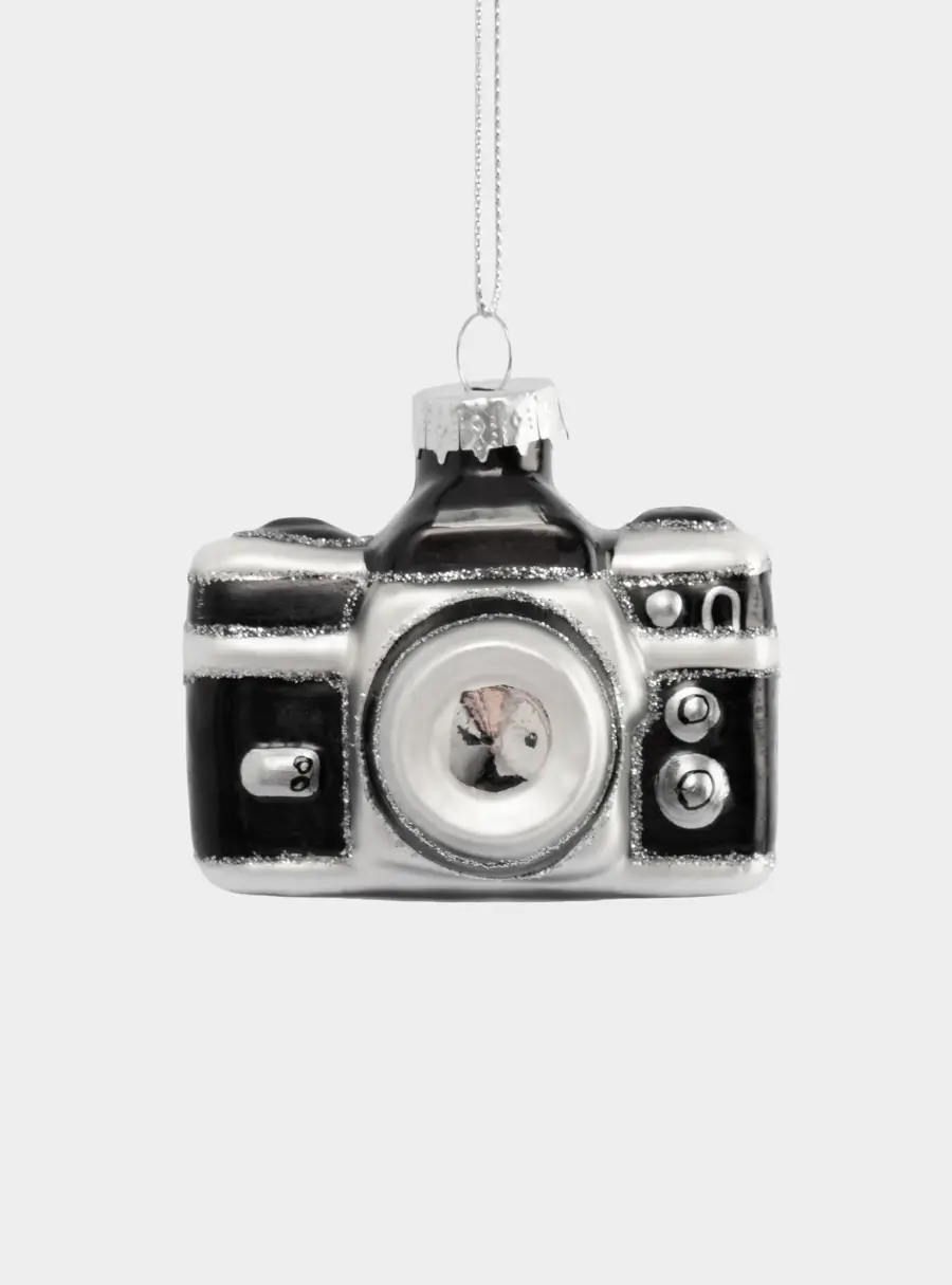 Игрушка елочная, 7х5 см, стекло, черно-белая, Фотоаппарат, New year ,image-0