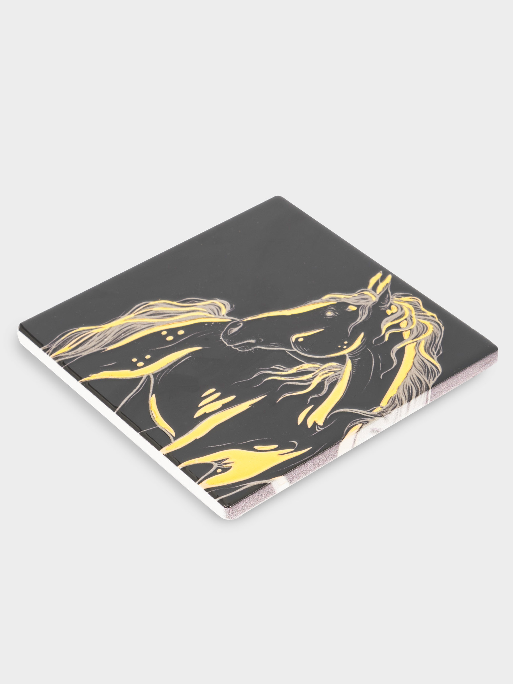 Подставка под кружку, 11х11 см, керамика/пробка, квадратная, черная, Лошадь, Horse, image-1