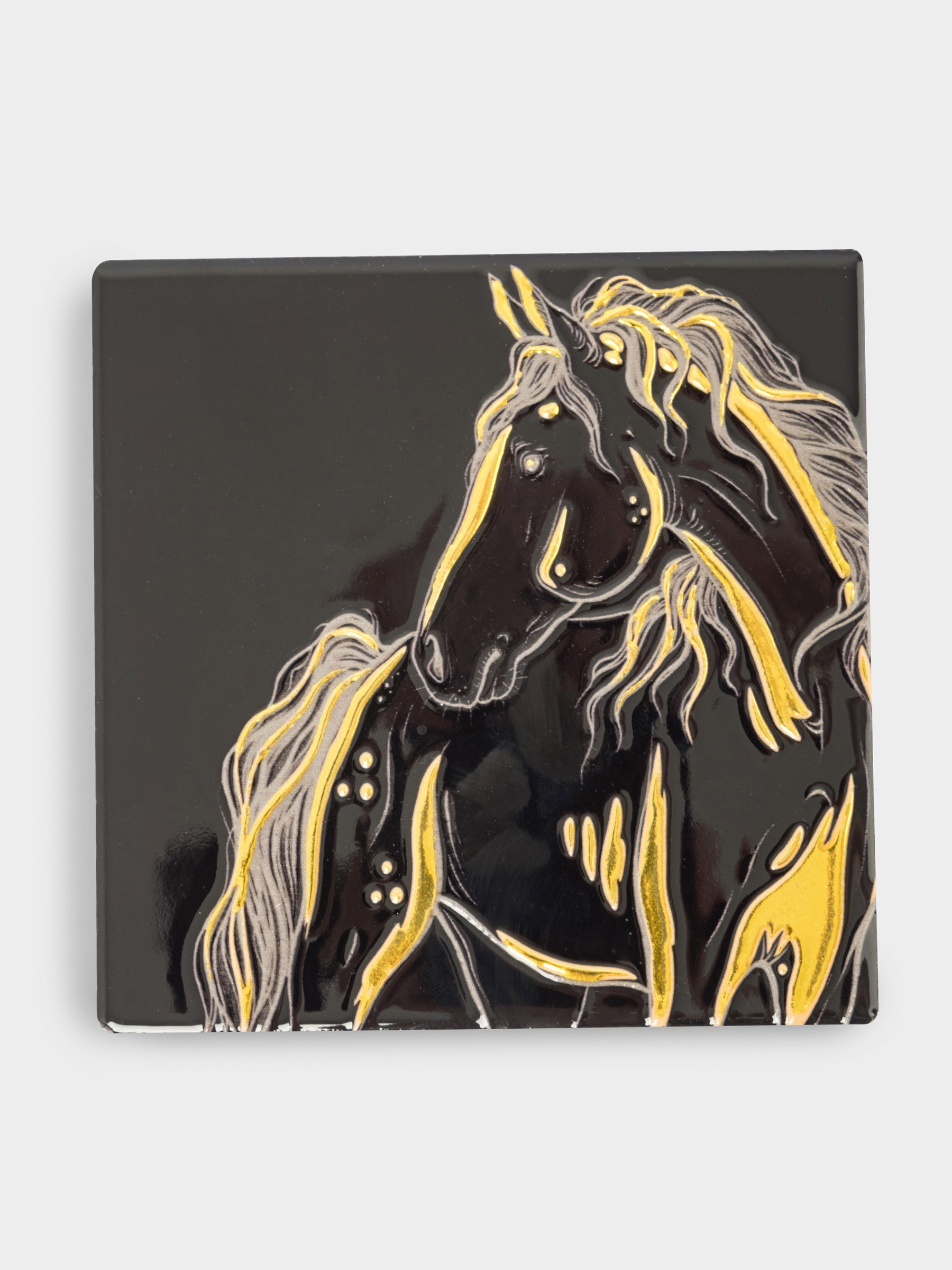 Подставка под кружку, 11х11 см, керамика/пробка, квадратная, черная, Лошадь, Horse, image-0