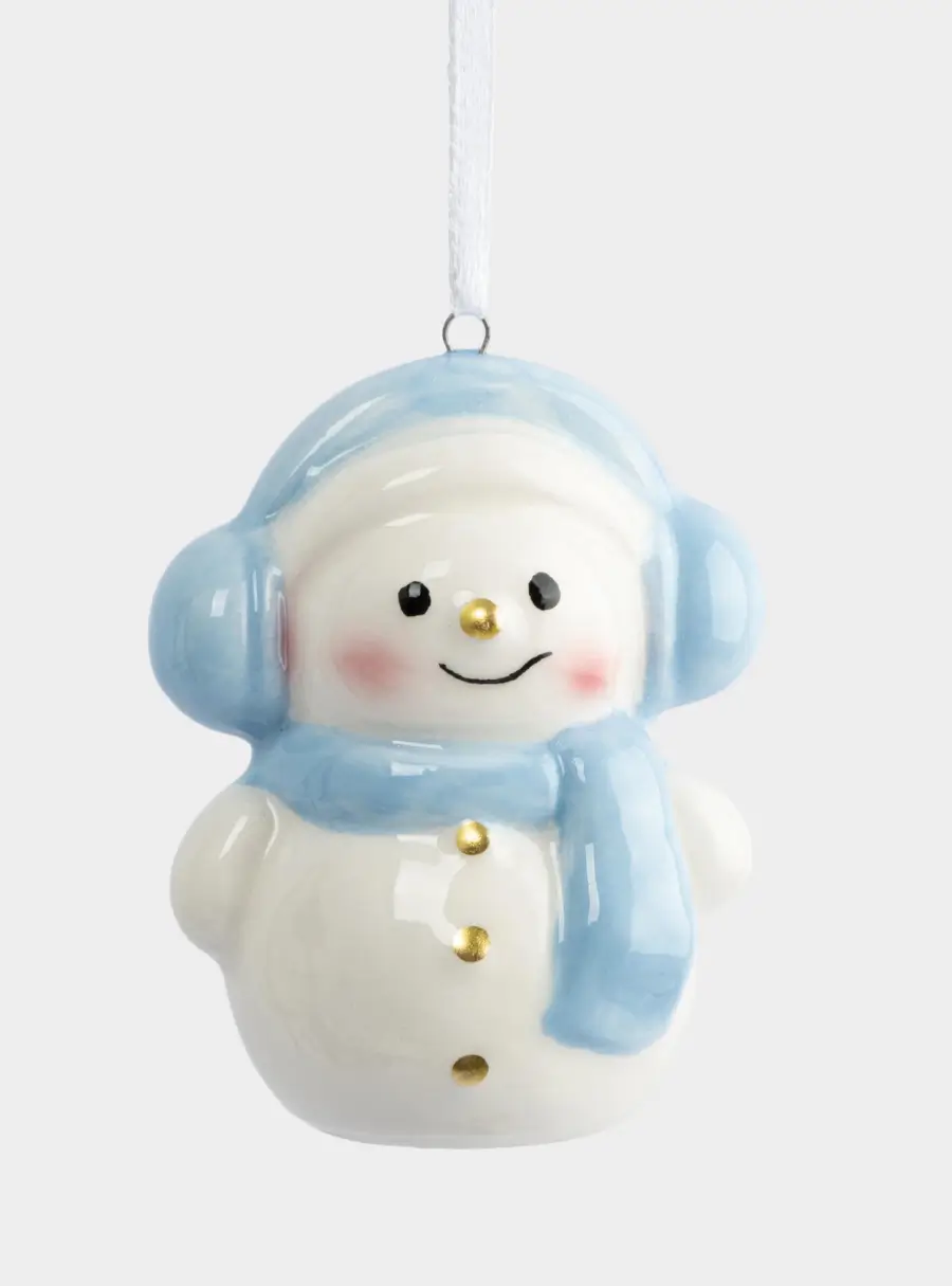 Игрушка елочная, 9 см, керамика, бело-голубая, Снеговик в наушниках и шарфе, Snowman, image-2