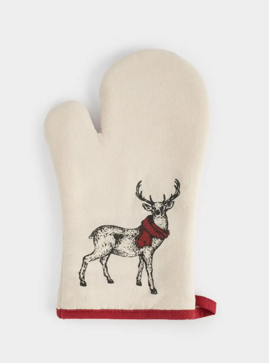 Прихватка-варежка, 18x30 см, хлопок, серо-бежевая, Олень в шарфе, Deer ,image-0