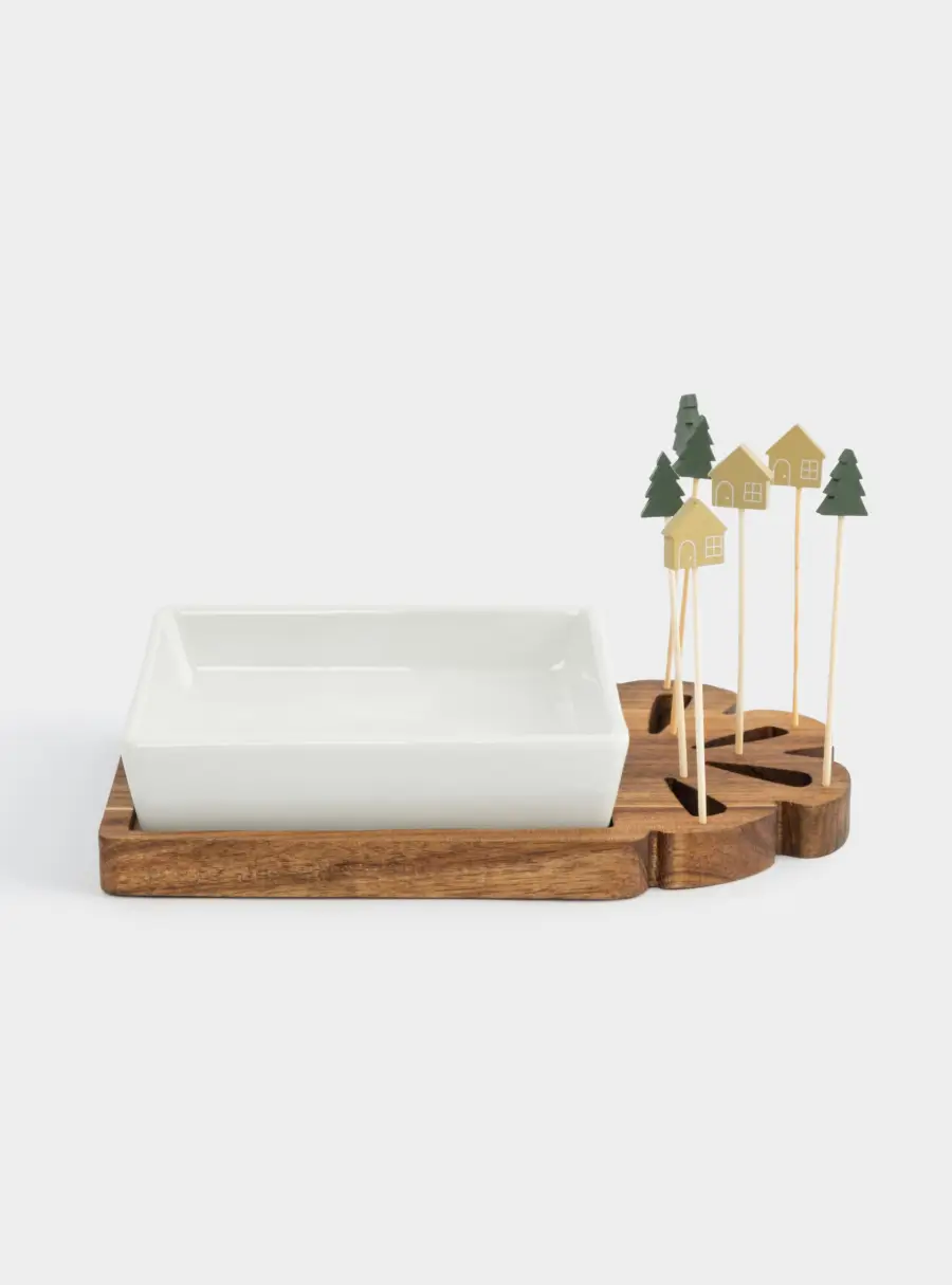 Набор для закусок, 2 пр, на подставке, со шпажками, керамика/дерево, Подарок, New year ,image-1
