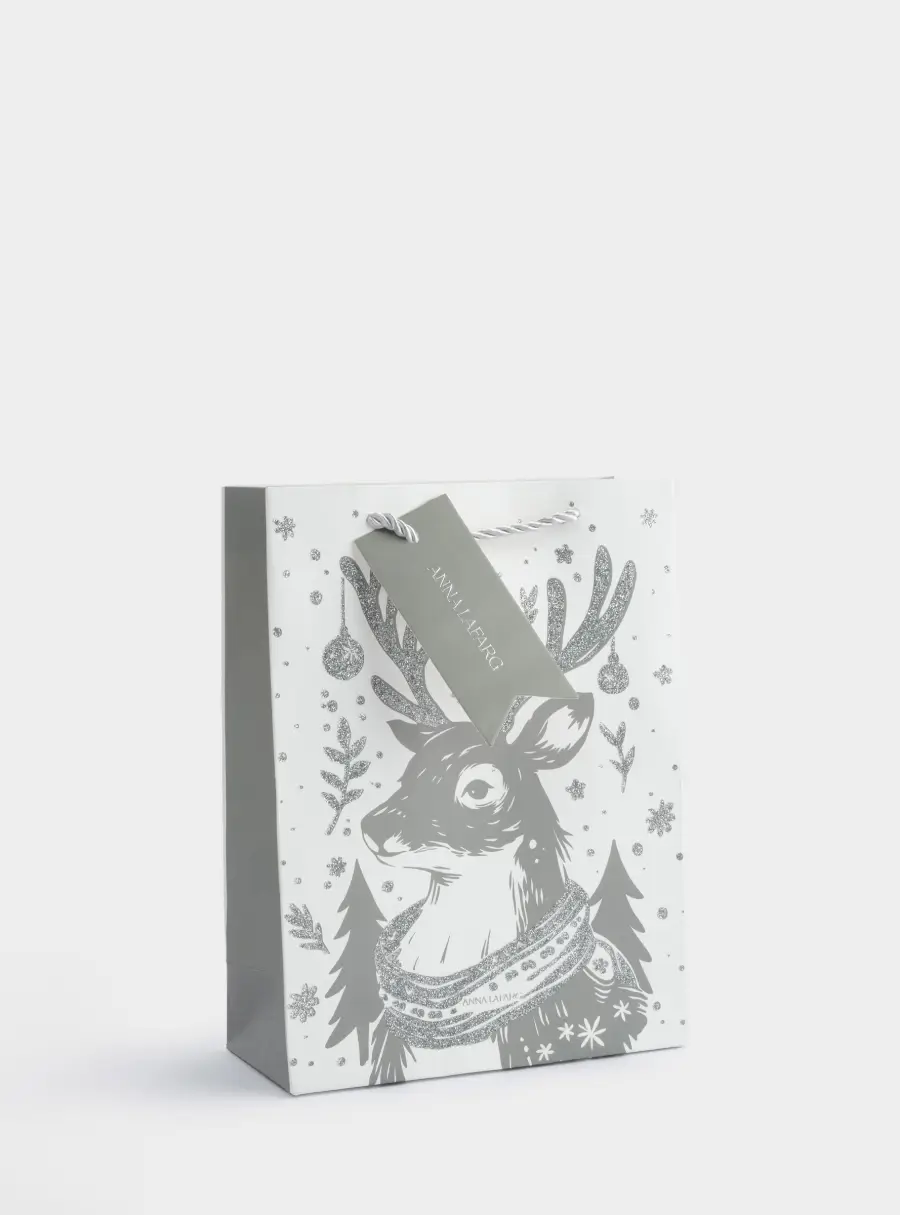 Пакет подарочный, 18х24 см, бумага, белый, Олень в шарфе, Maral grey