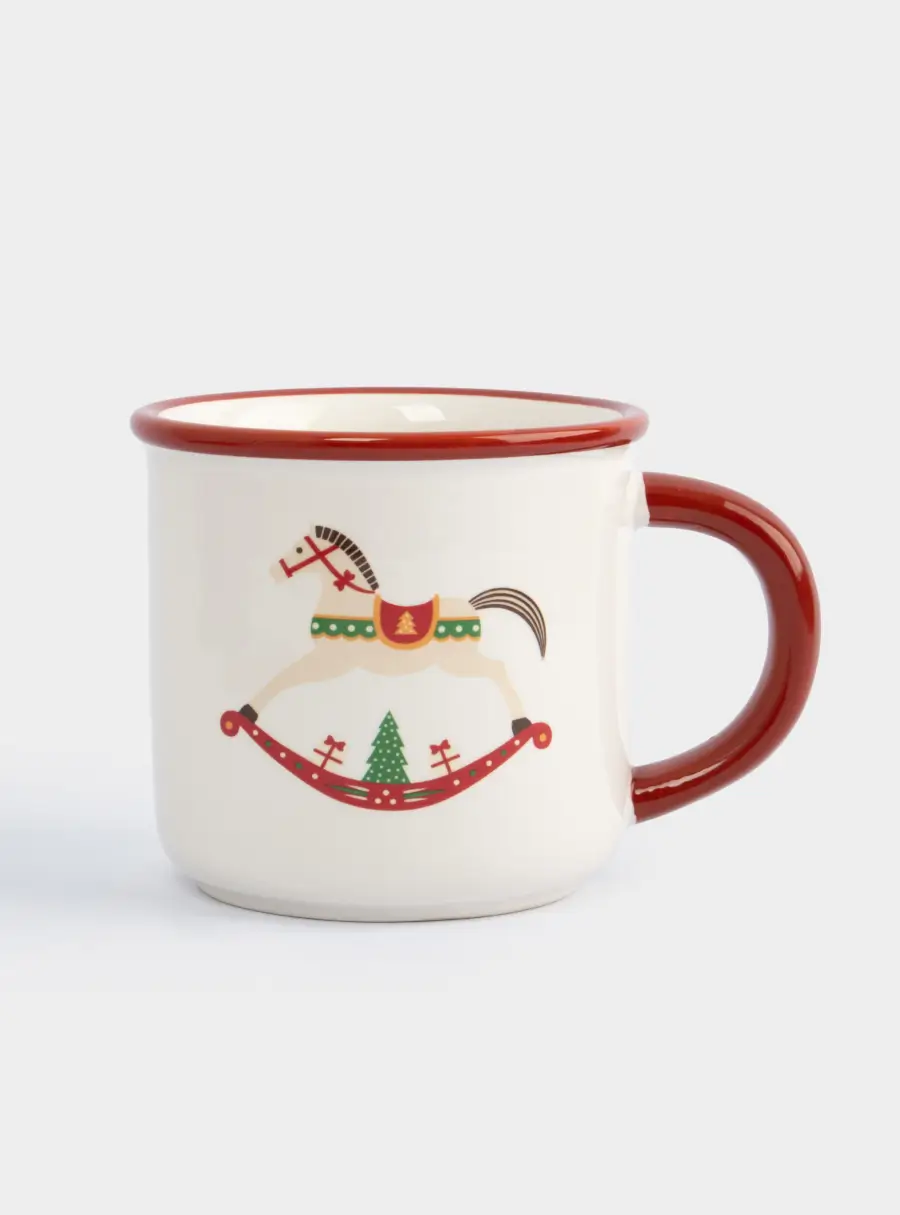 Кружка, 470 мл, с ложкой, керамика/сталь, красная, Елка/Лошадка-качалка, Bright horse ,image-1