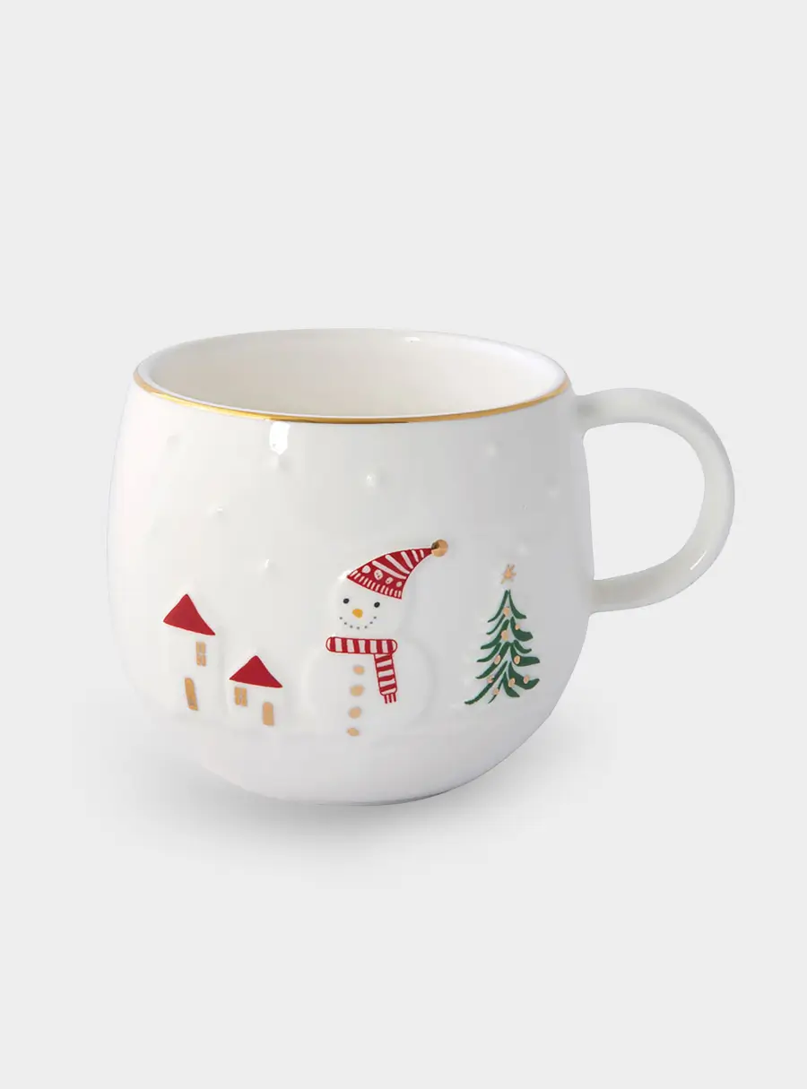 Кружка, 400 мл, фарфор P, белая, с золотым кантом, Снеговик, Let It Snow ,image-0