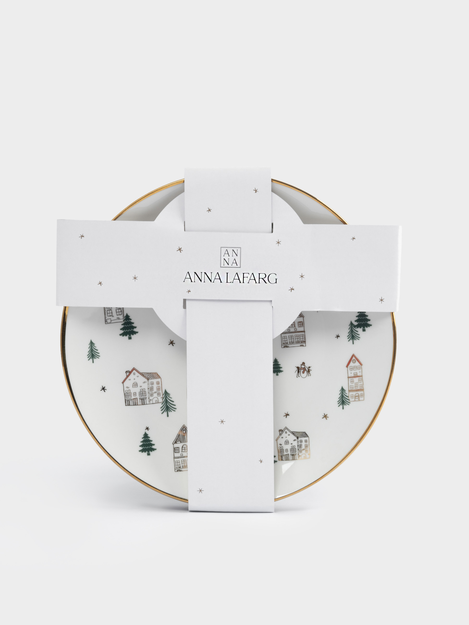 Тарелка закусочная, 19 см, 4 шт, фарфор N, бело-золотистая, Домики и ели, Townlet, image-8