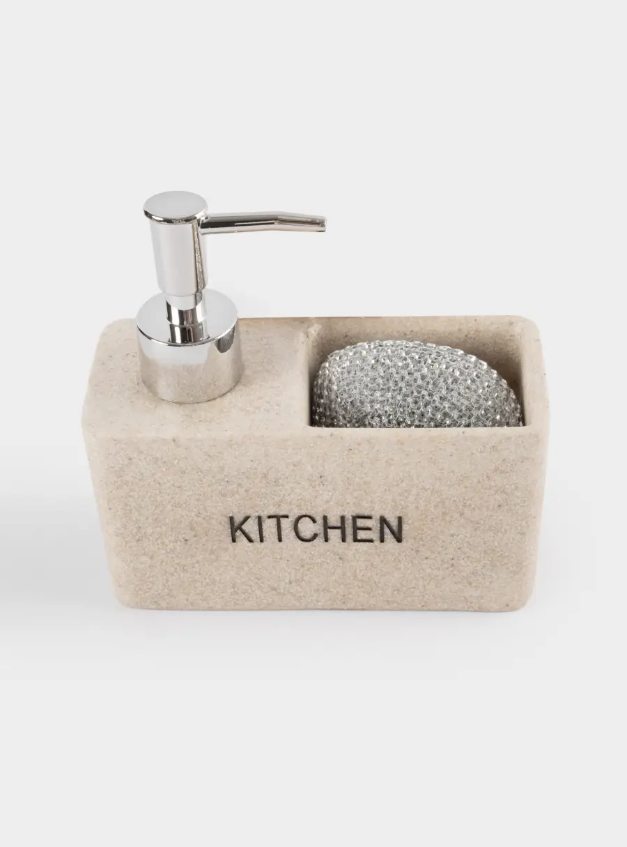 Диспенсер для моющего средства, 160 мл, органайзер, с губкой, полирезин/пластик, бежевый, Stone ,image-1