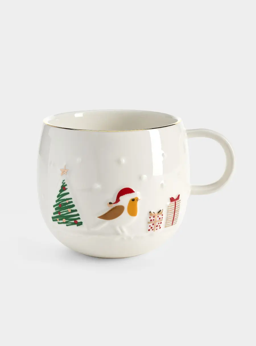 Кружка, 400 мл, фарфор P, белая, с золотым кантом, Птичка, Let It Snow ,image-0