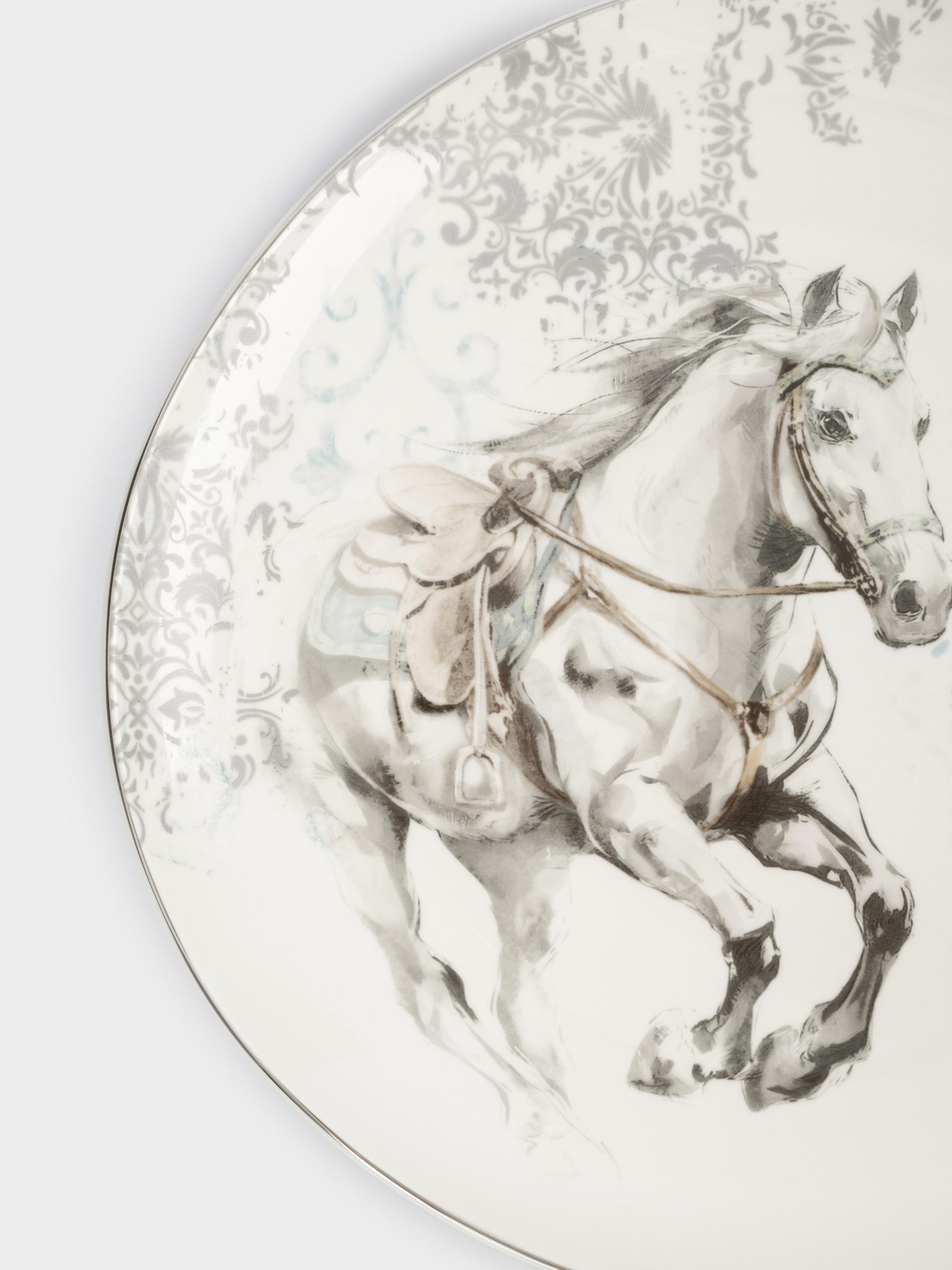Тарелка обеденная, 28 см, фарфор N, белая, с серебристым кантом, Конь, White horse, image-3