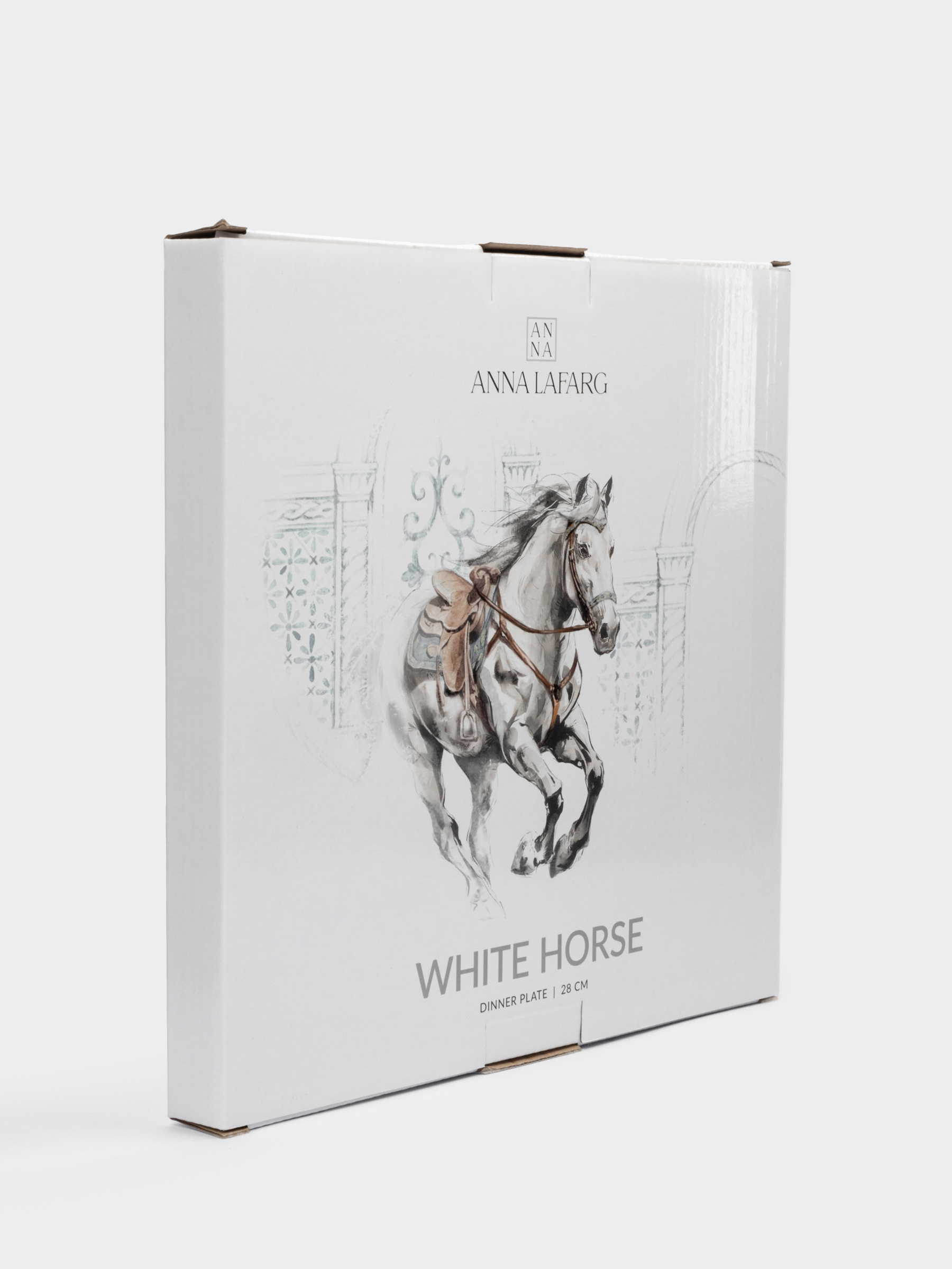 Тарелка обеденная, 28 см, фарфор N, белая, с серебристым кантом, Конь, White horse, image-4