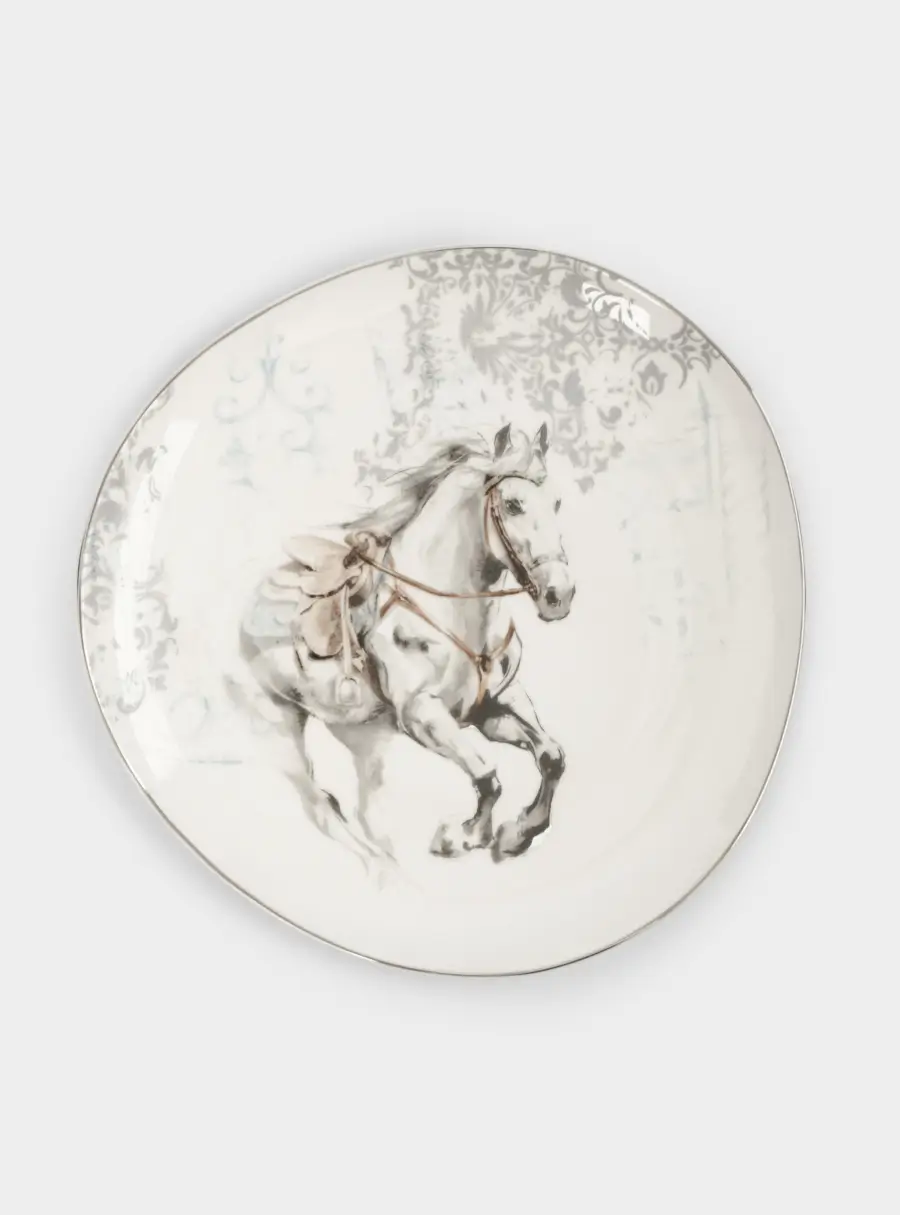 Тарелка закусочная, 21 см, фарфор N, белая, с серебристым кантом, Конь, White horse ,image-0