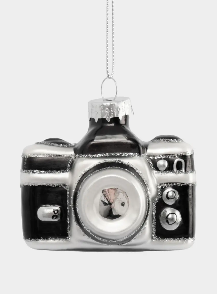 Игрушка елочная, 7х5 см, стекло, черно-белая, Фотоаппарат, New year ,image-1