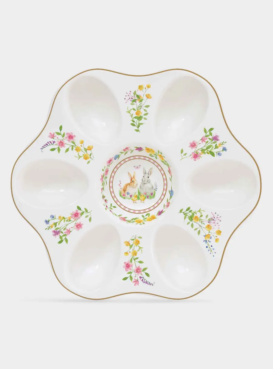 Блюдо для яиц, 21 см, 6 отд, фарфор P, белое, Кролики и цветы, Happy Easter ,image-0