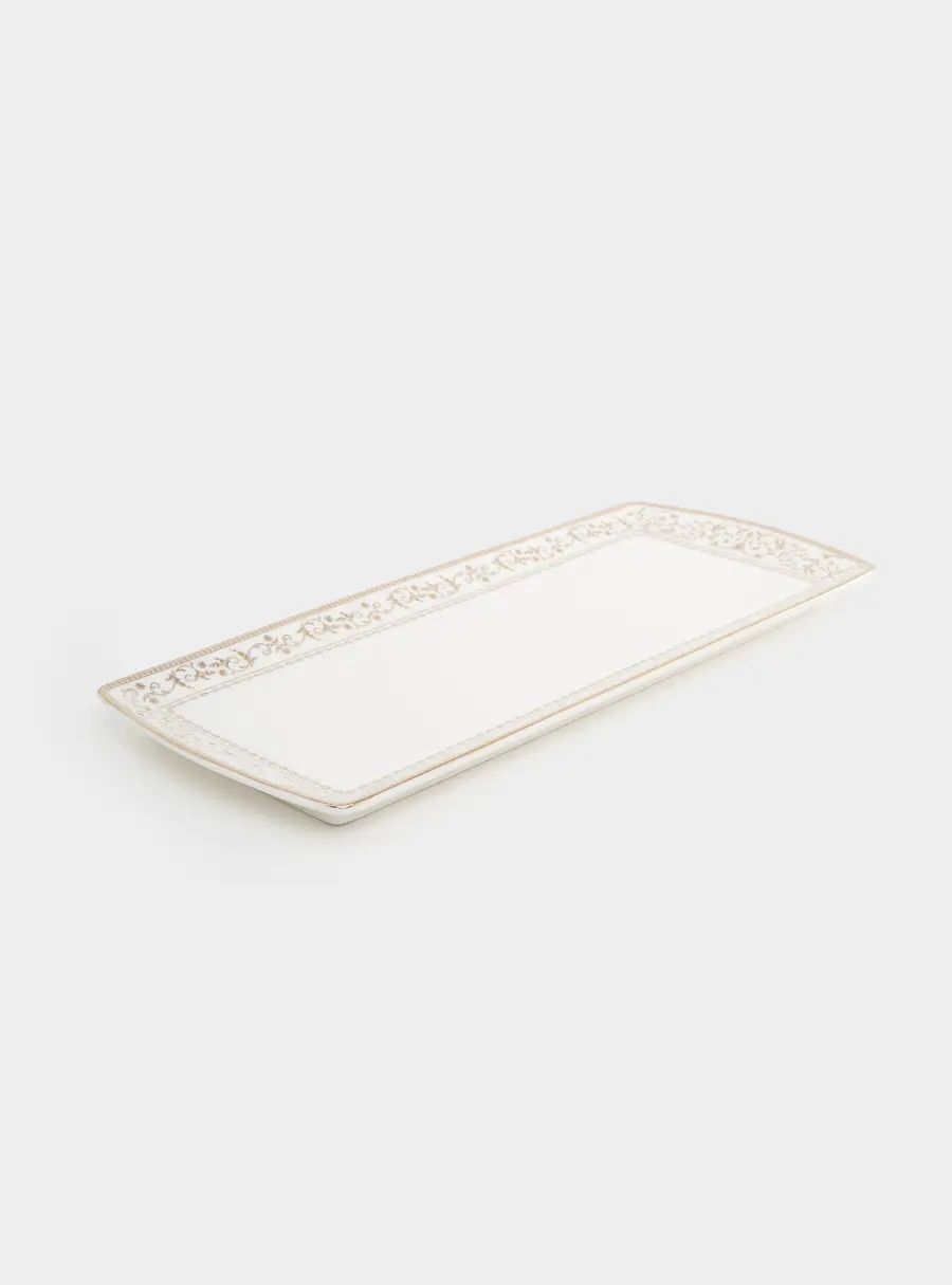 Блюдо, 35х15 см, фарфор N, белое, прямоугольное, с золотистым орнаментом, Golden, image-1
