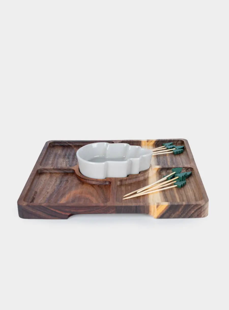 Менажница, 25 см, 4 отд, с пиалой, со шпажками, дерево/керамика, Шишка ,image-2