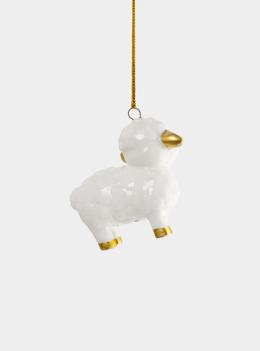 Игрушка елочная, 6 см, фарфор P, молочно-золотистая, Овечка с бантом, Sheep ,image-2