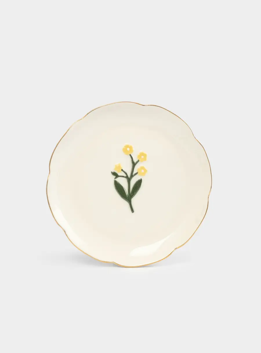 Тарелка десертная, 17 см, керамика, молочная, с золотистым кантом, Желтые цветы, Gentle flower ,image-0