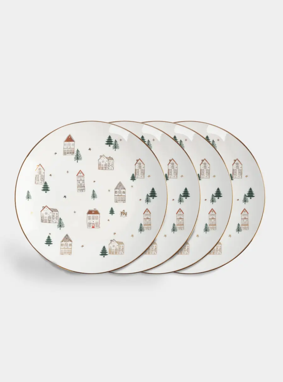 Тарелка закусочная, 19 см, 4 шт, фарфор N, бело-золотистая, Домики и ели, Townlet