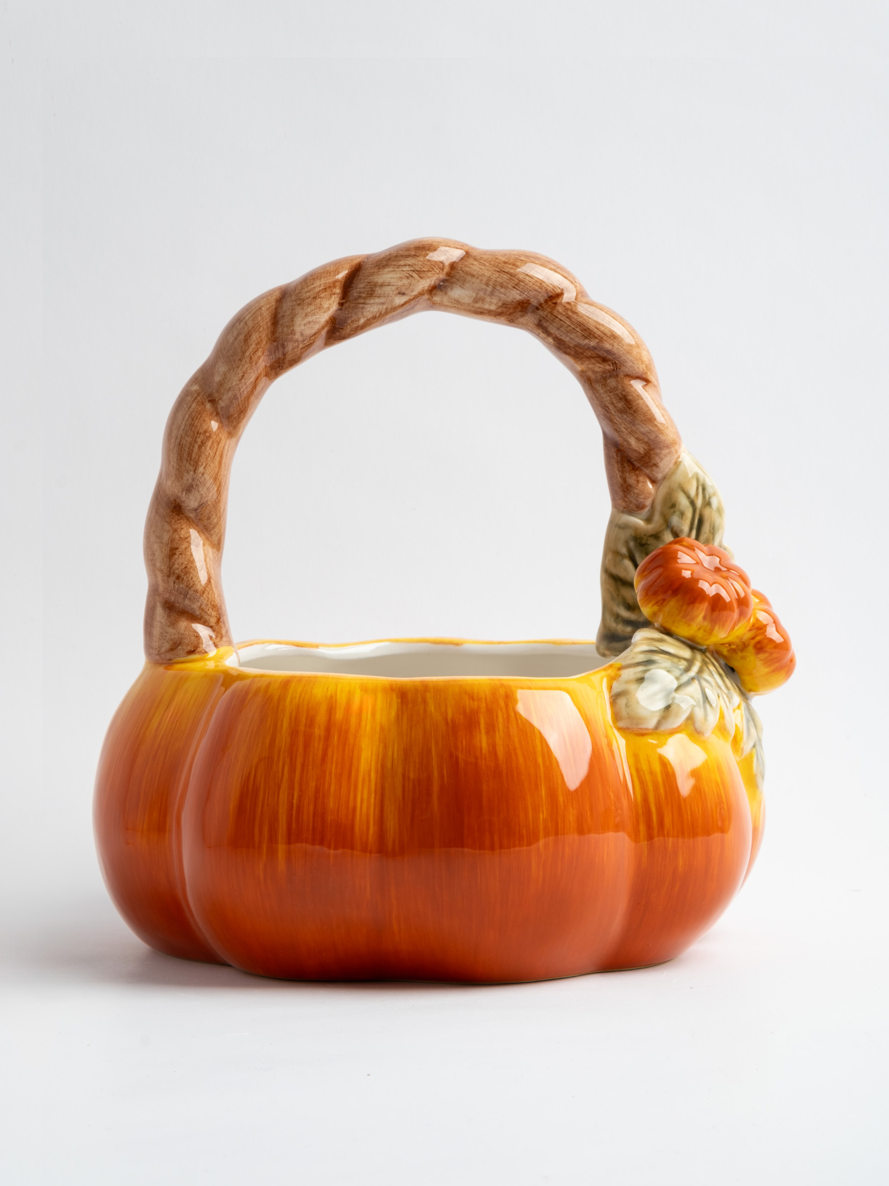 Конфетница, 21х21 см, с ручкой, керамика, оранжево-зеленая, Тыква, Bright pumpkin, image-0