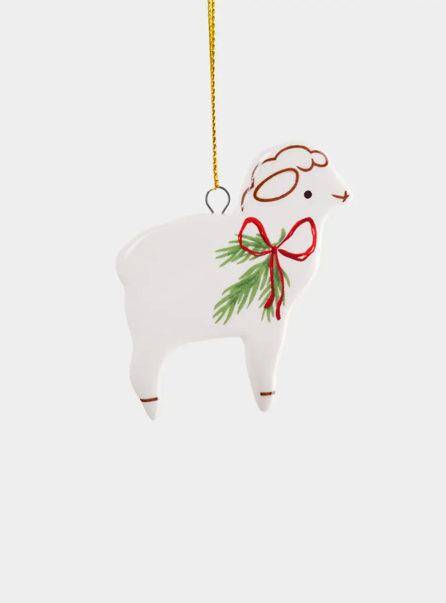 Игрушка елочная, 6 см, фарфор P, молочная, Овечка с бантом, Sheep ,image-0