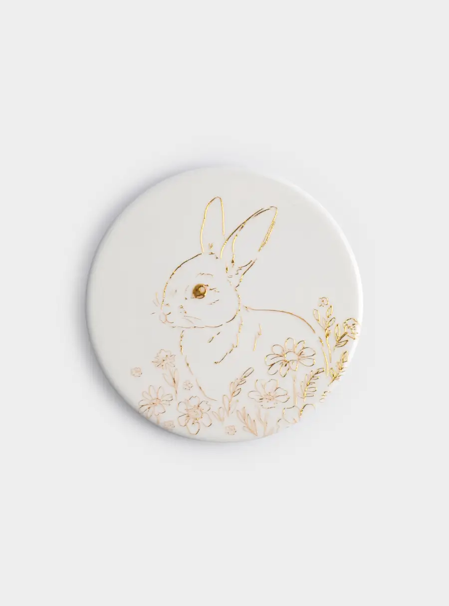 Подставка под кружку, 11 см, круглая, керамика/пробка, белая, Золотистый кролик, White Rabbit ,image-1