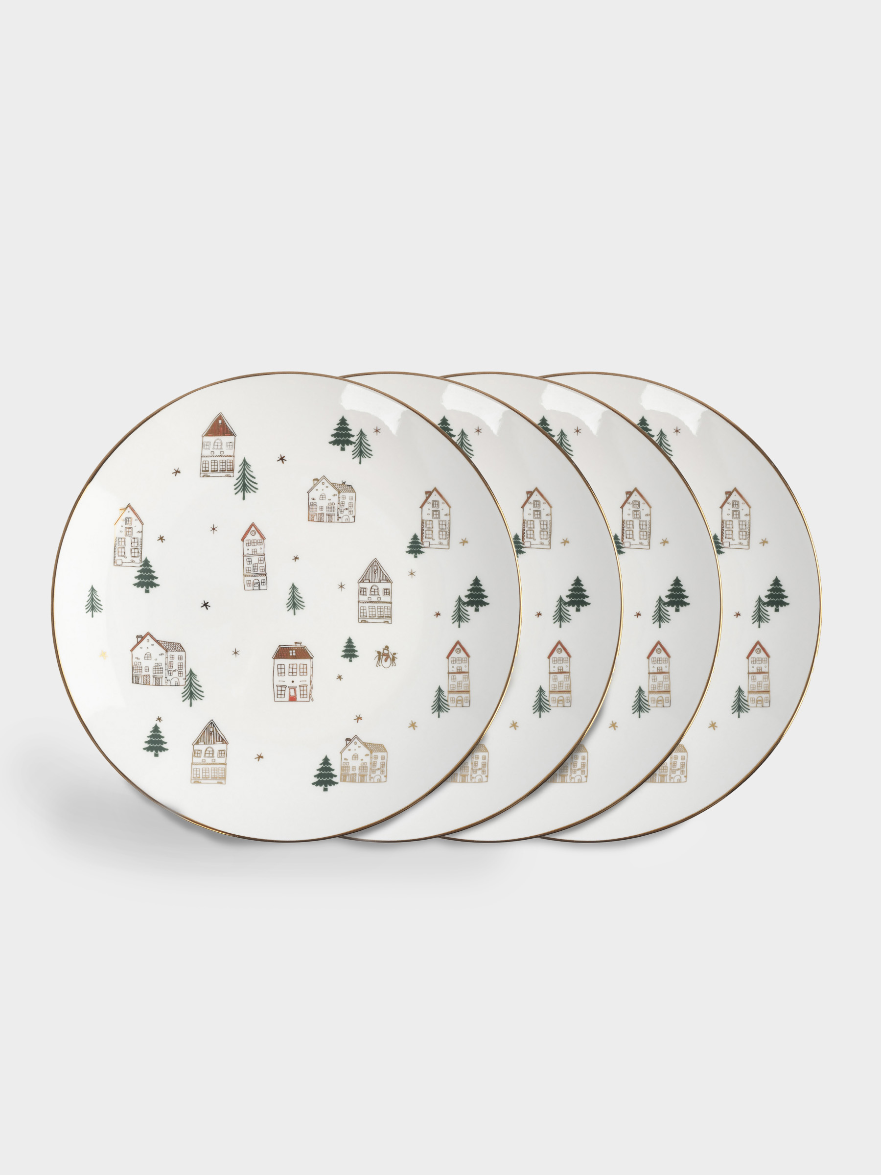 Тарелка закусочная, 19 см, 4 шт, фарфор N, бело-золотистая, Домики и ели, Townlet, image-0
