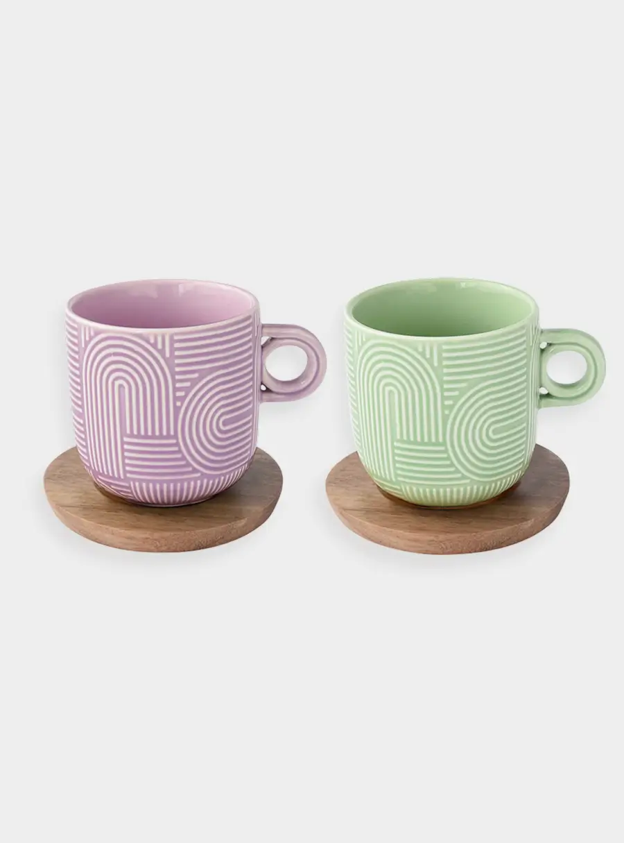 Набор чашек, 2 шт, 0.25 л, сиреневый, зелёный, на подставке, акация,  Радуга, image-0