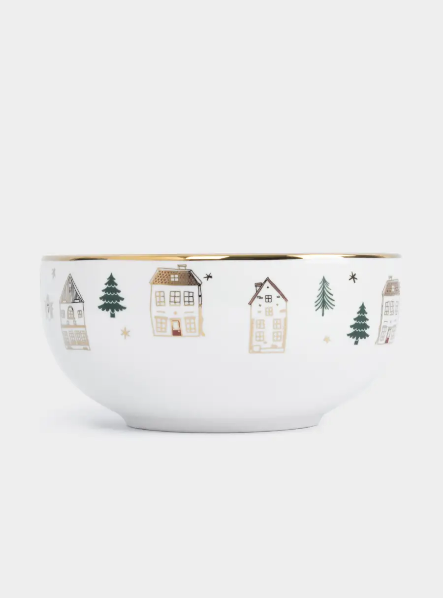 Пиала, 14x7 см, фарфор N, бело-золотистая, Домики и ели, Townlet, image-6