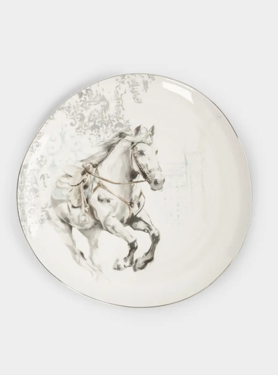 Тарелка обеденная, 28 см, фарфор N, белая, с серебристым кантом, Конь, White horse ,image-0