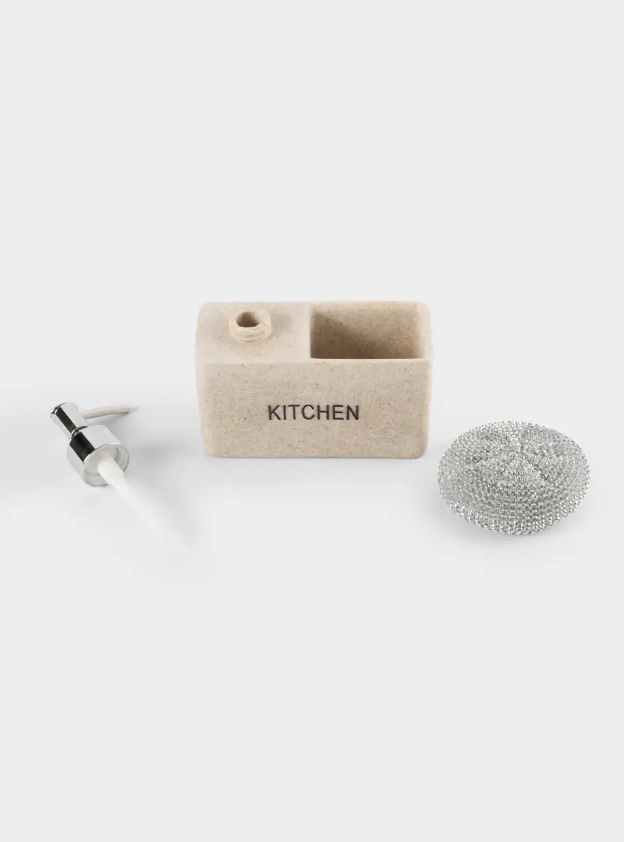 Диспенсер для моющего средства, 160 мл, органайзер, с губкой, полирезин/пластик, бежевый, Stone, image-5