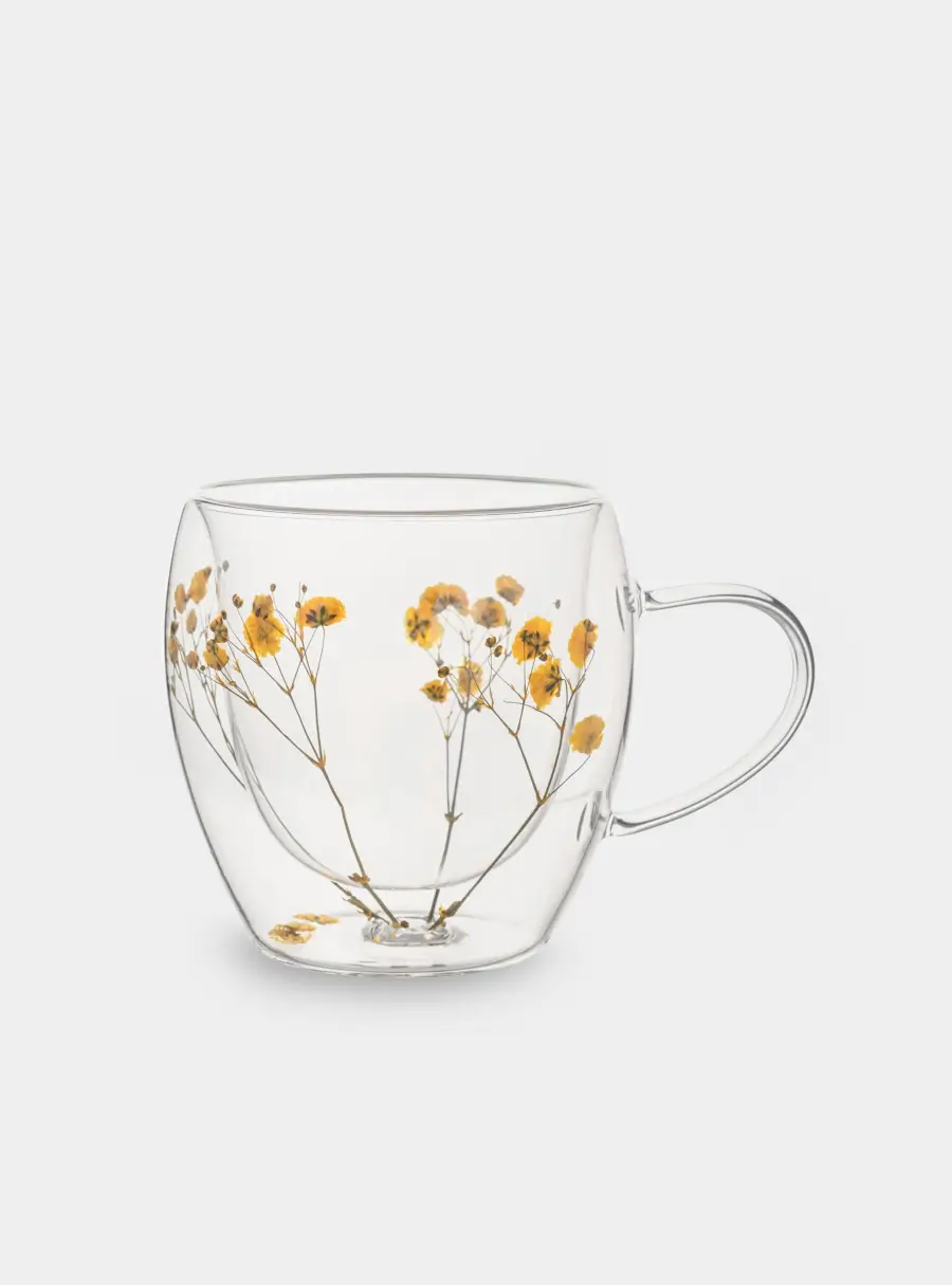 Кружка, 240 мл, стекло Б, с сухоцветами внутри, Желтые цветы, Wind-mystery ,image-0
