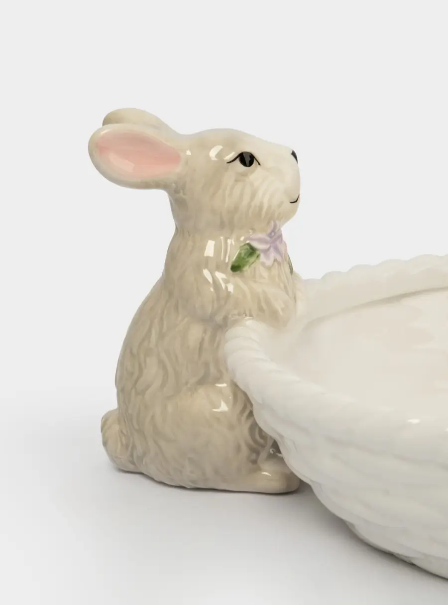 Ваза для фруктов, 26х6 см, керамика, молочно-серая, Кролики с корзинкой, Brown Rabbit ,image-2