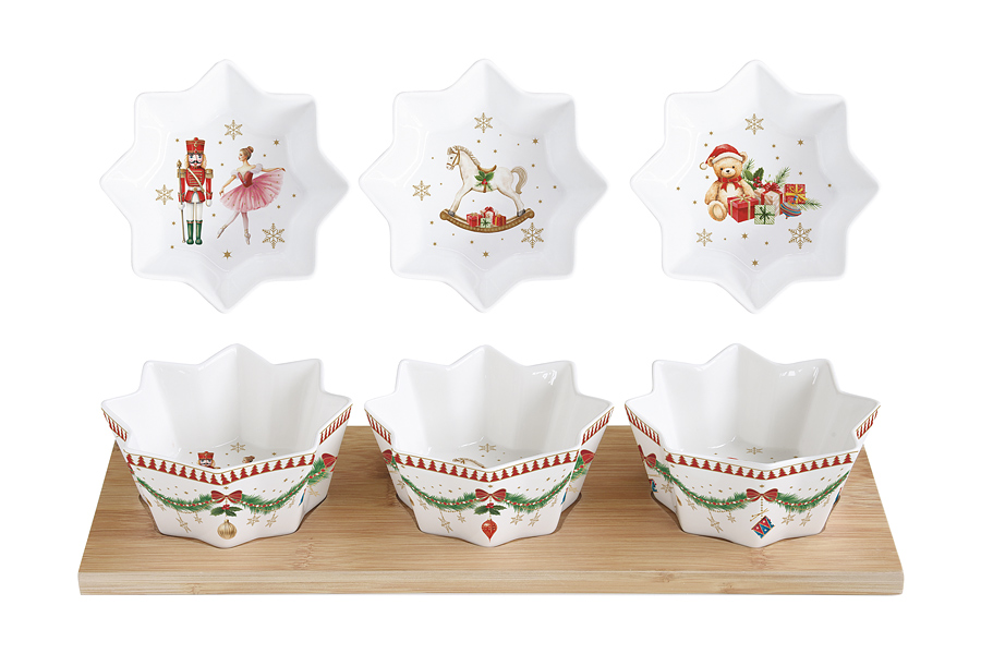 Набор для закусок, 3 пр, на подставке, фарфор P/бамбук, белый, Микс, Magie de Noel