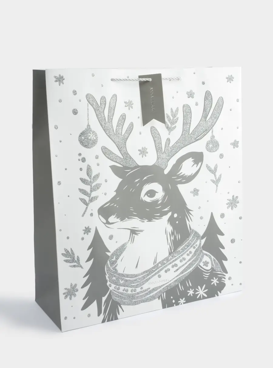 Пакет подарочный, 42х48 см, бумага, белый, Олень в шарфе, Maral grey