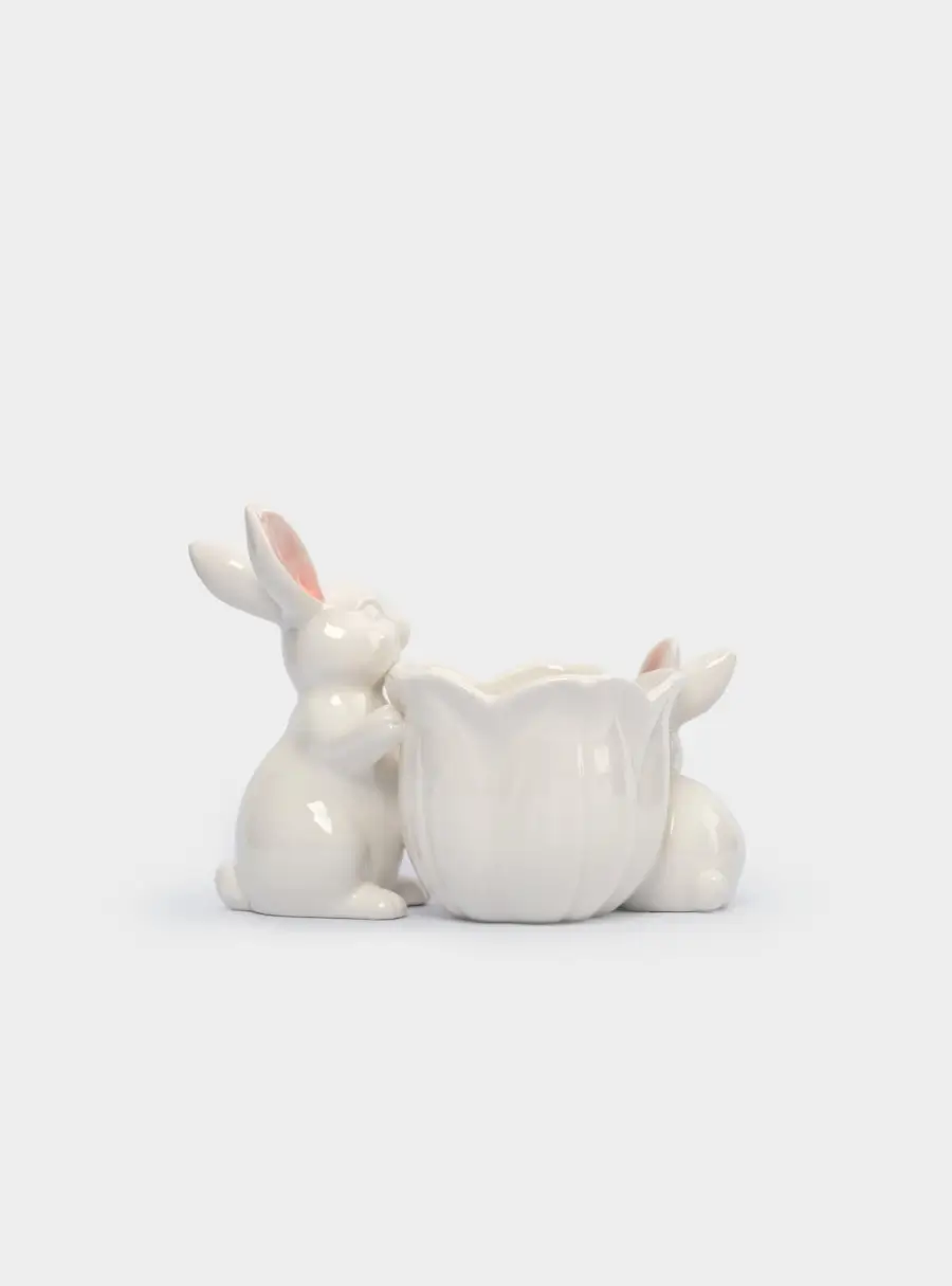 Конфетница, 19х15 см, керамика, молочно-золотистая, Кролики с цветком, White Rabbit ,image-3