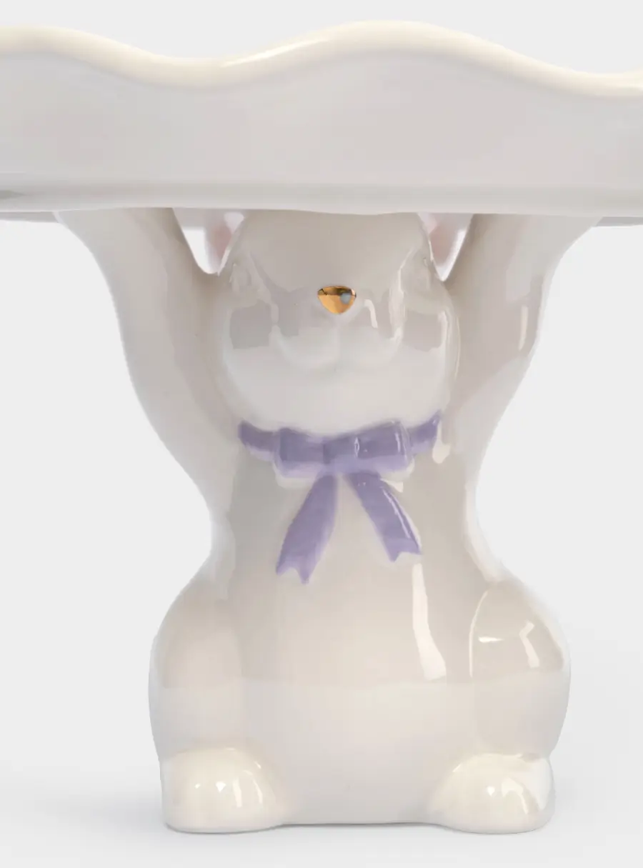 Блюдо на ножке, 19х12 см, керамика, молочно-золотистое, Кролик с бантом, White Rabbit ,image-3