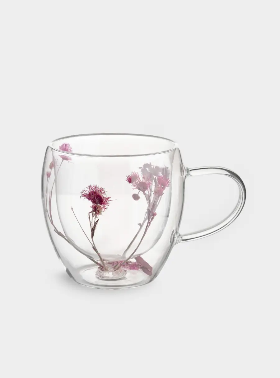 Кружка, 240 мл, стекло Б, с сухоцветами внутри, Сиреневые цветы, Wind-mystery ,image-0