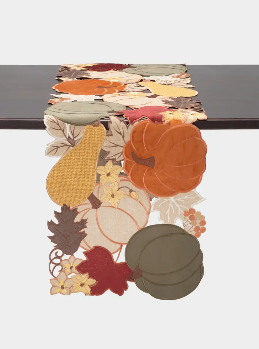 Дорожка настольная, 40х160 см, полиэстер, бежевая, Тыквы в листьях, Bright pumpkin