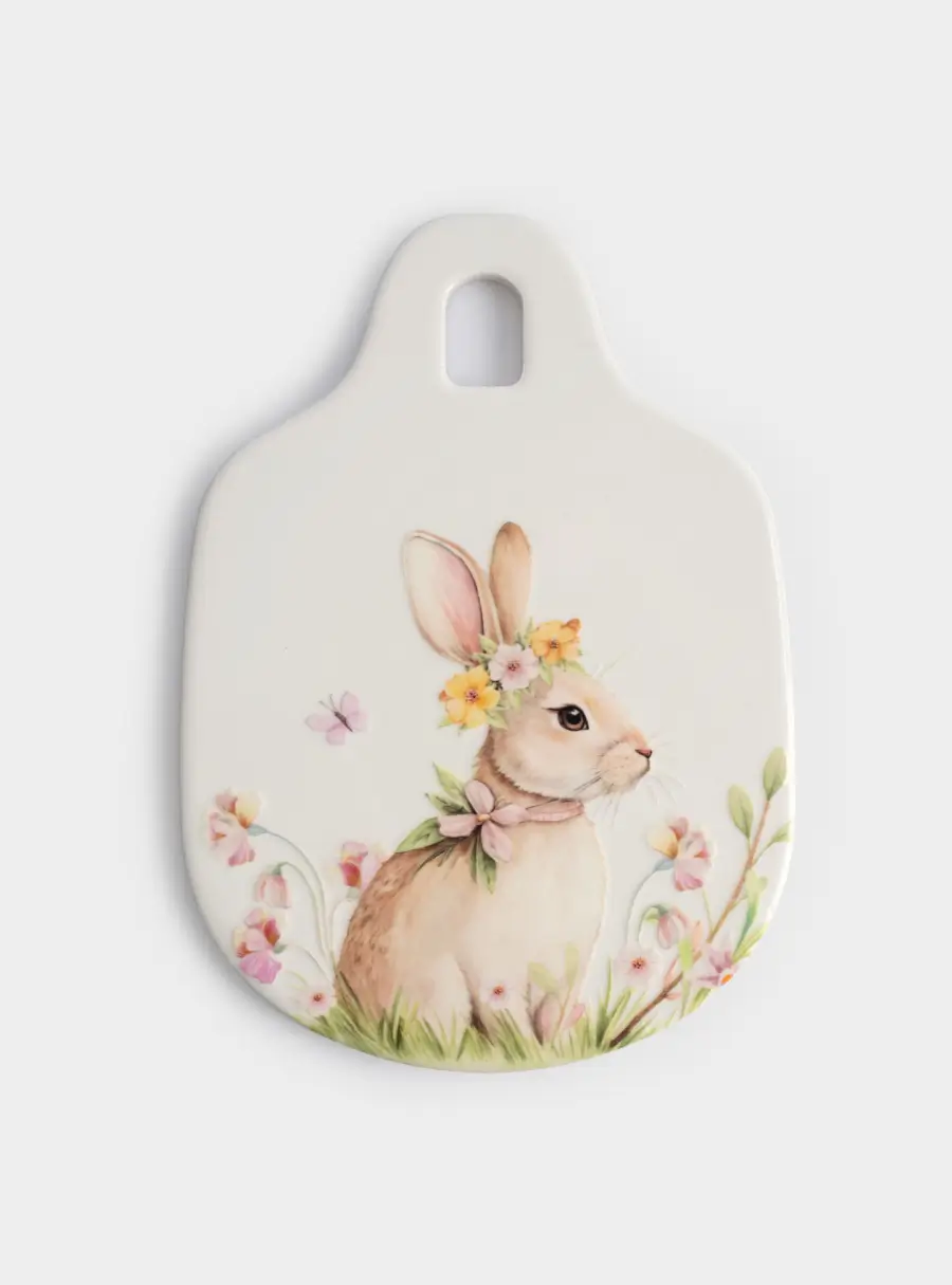 Подставка под горячее, 15x21 см, керамика/пробка, белая, Кролик с венком в цветах, Easter rabbit ,image-1