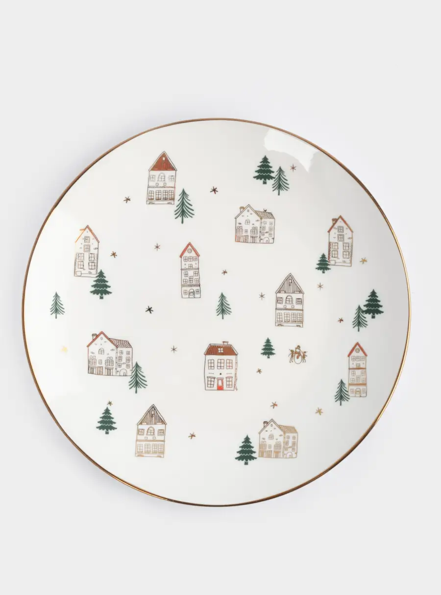 Тарелка закусочная, 19 см, 4 шт, фарфор N, бело-золотистая, Домики и ели, Townlet ,image-2
