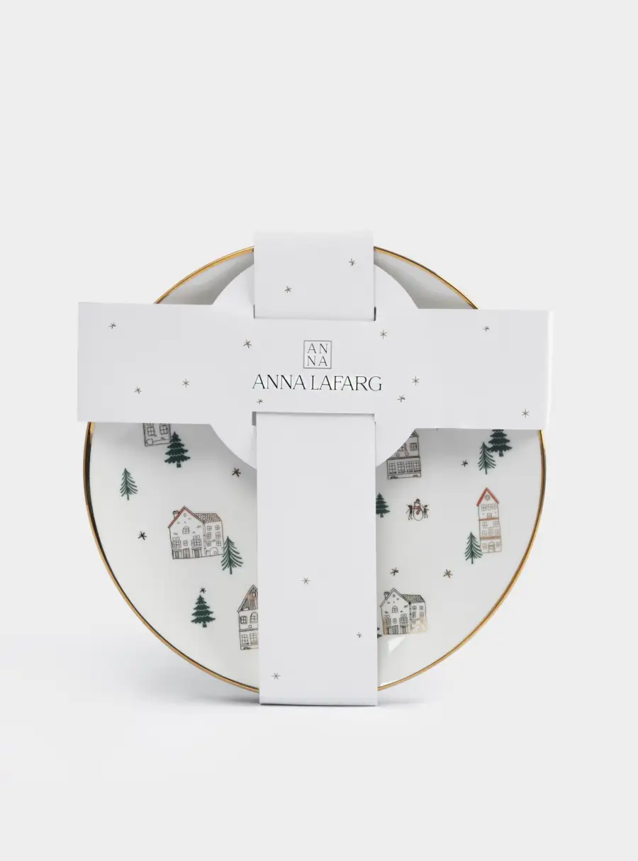 Тарелка закусочная, 19 см, 4 шт, фарфор N, бело-золотистая, Домики и ели, Townlet, image-8