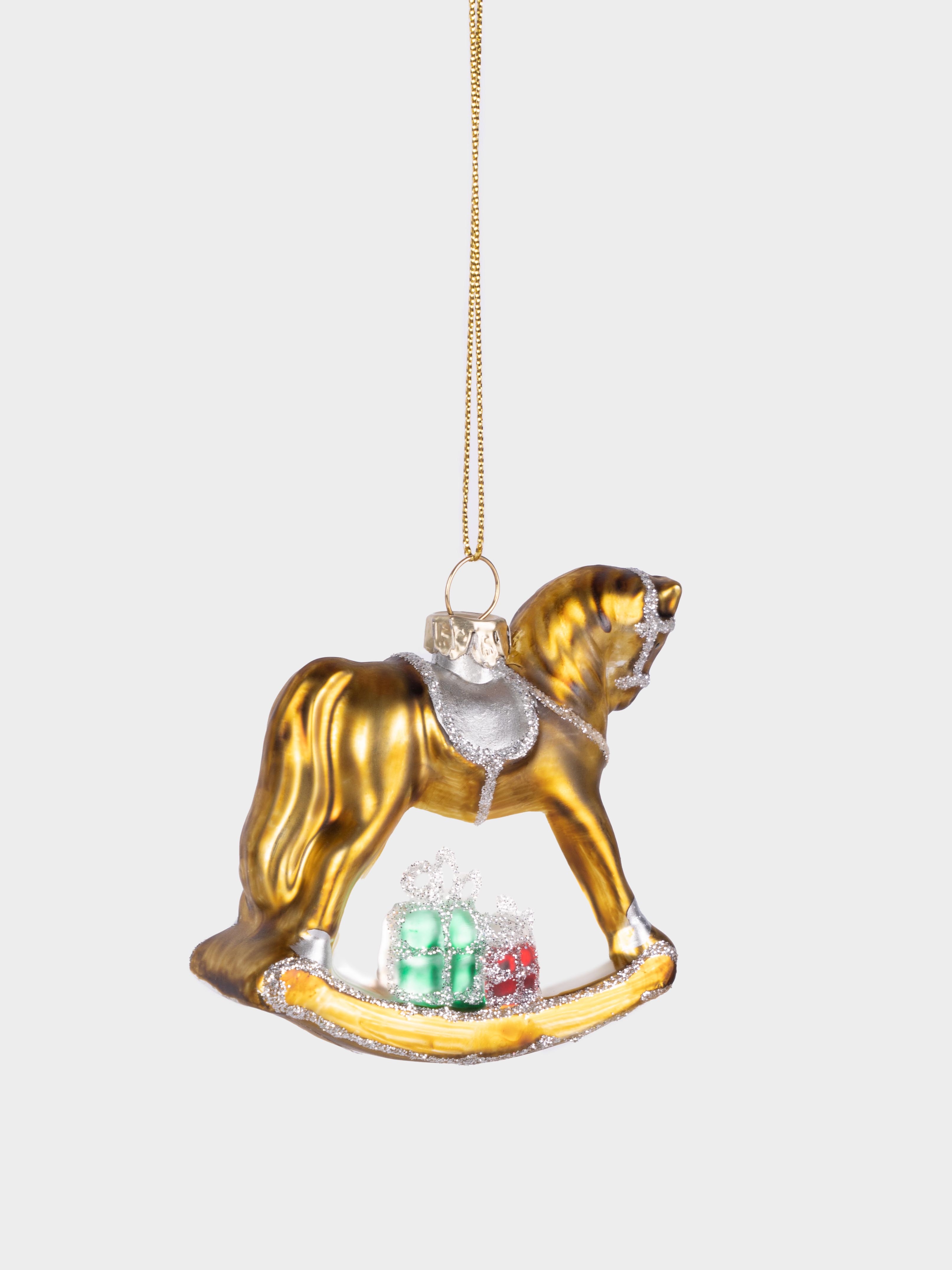 Игрушка елочная, 7 см, стекло, золотистая, Лошадка-качалка, Bright horse, image-1