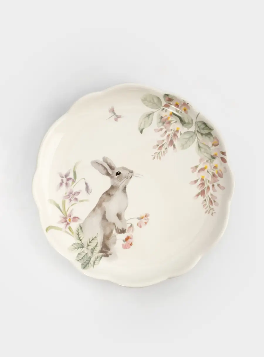 Тарелка обеденная, 25 см, керамика, белая, Кролик с цветами, Flower Rabbit ,image-0