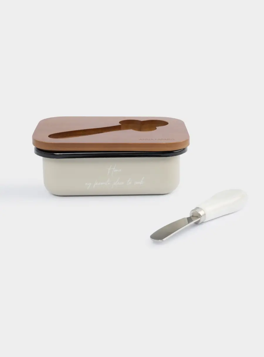 Масленка, 16х11 см, с ножом, металл/дерево, прямоугольная, бежевая, Retro, image-6