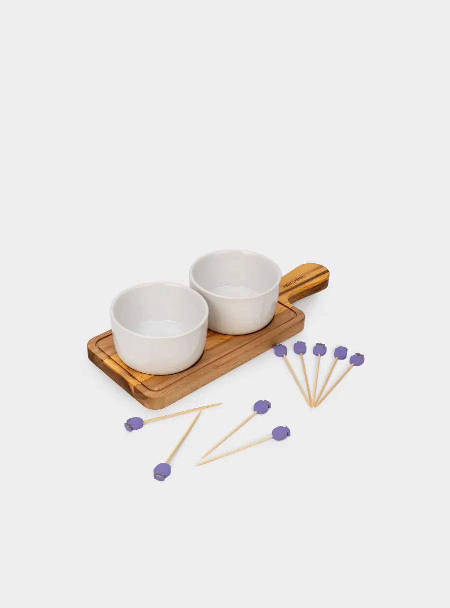 Набор для закусок, 2 пр, на подставке, со шпажками, керамика K/дерево, Сливы, Plum Orchard ,image-0