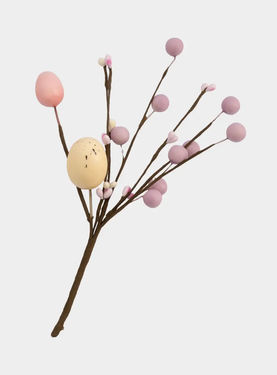 Ветка декоративная, 20 см, пенопласт/бумага, Ветка с розовыми яйцами, Interior Easter ,image-1
