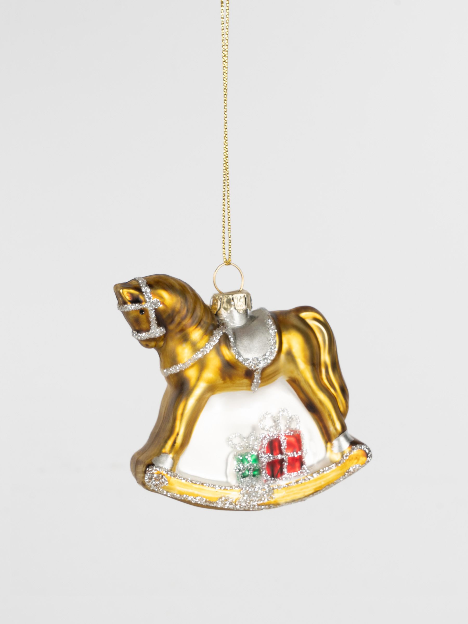 Игрушка елочная, 7 см, стекло, золотистая, Лошадка-качалка, Bright horse, image-0