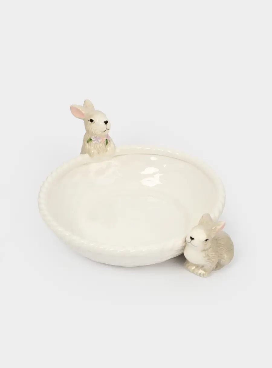 Ваза для фруктов, 26х6 см, керамика, молочно-серая, Кролики с корзинкой, Brown Rabbit ,image-3