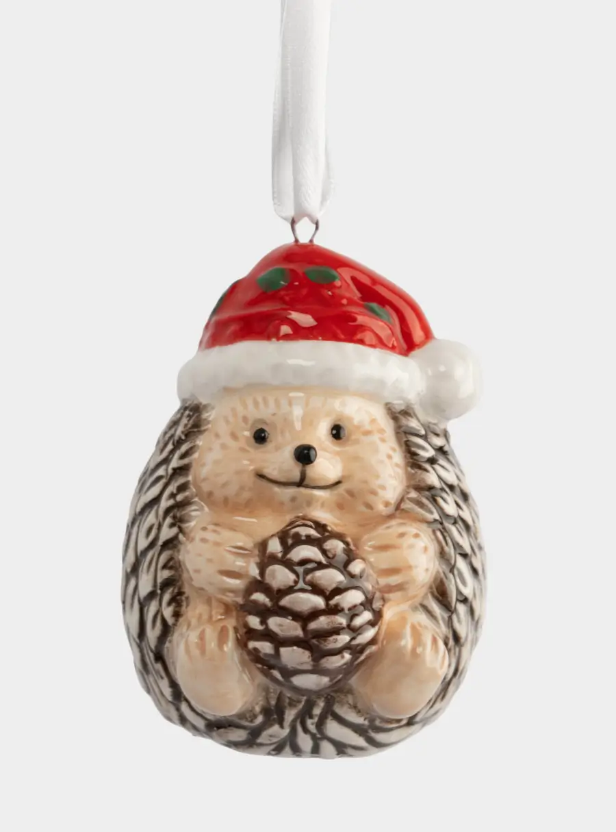 Игрушка елочная, 8 см, керамика, коричневая, Еж с шишкой, New year ,image-0