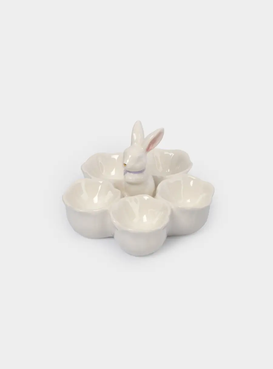 Блюдо пасхальное, 12х9 см, 5 отд, керамика, молочно-золотистое, Кролик в цветах, White Rabbit ,image-2